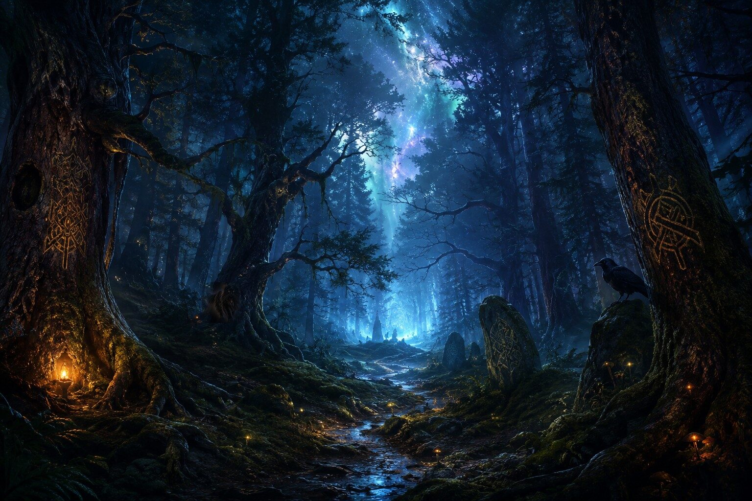 A dark rune-marked forest under the northern lights